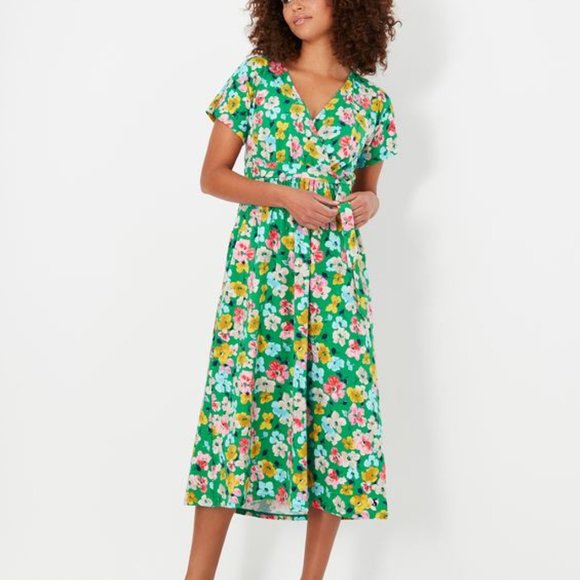 Joules Riley Print Jersey Wrap Dress in Green Floral 6 - Picture 2 of 5
